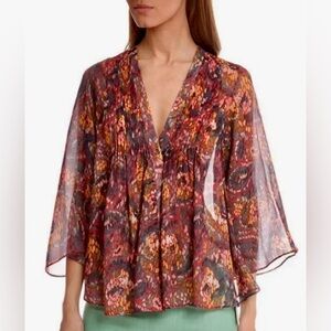Elizabeth & James Tokyo Silk Metallic Boho Festival Kimono Blouse Tapestry Print